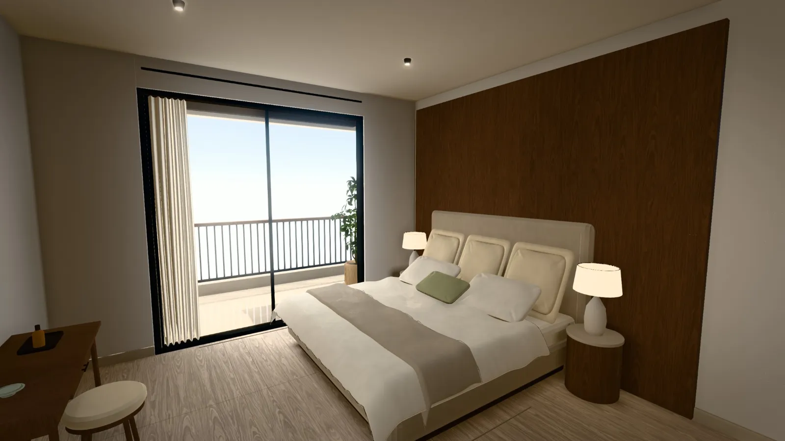 Bedroom with a timber feature wall