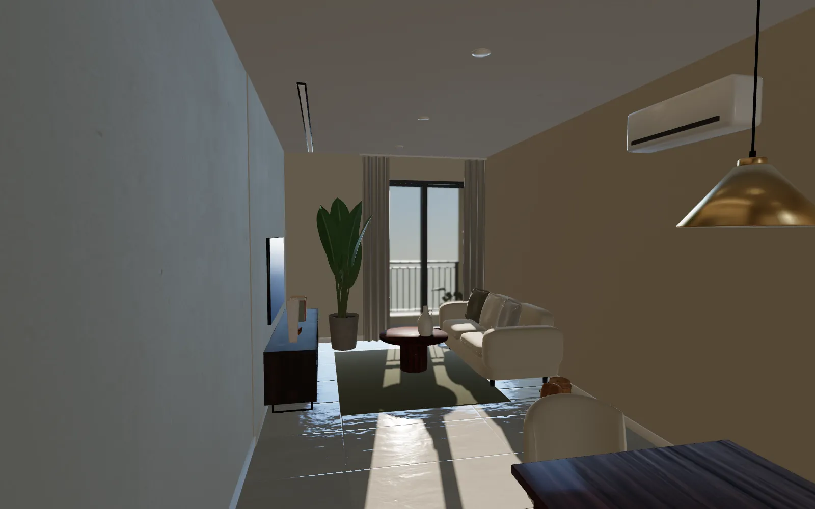 The same living room with morning sun through the balcony
