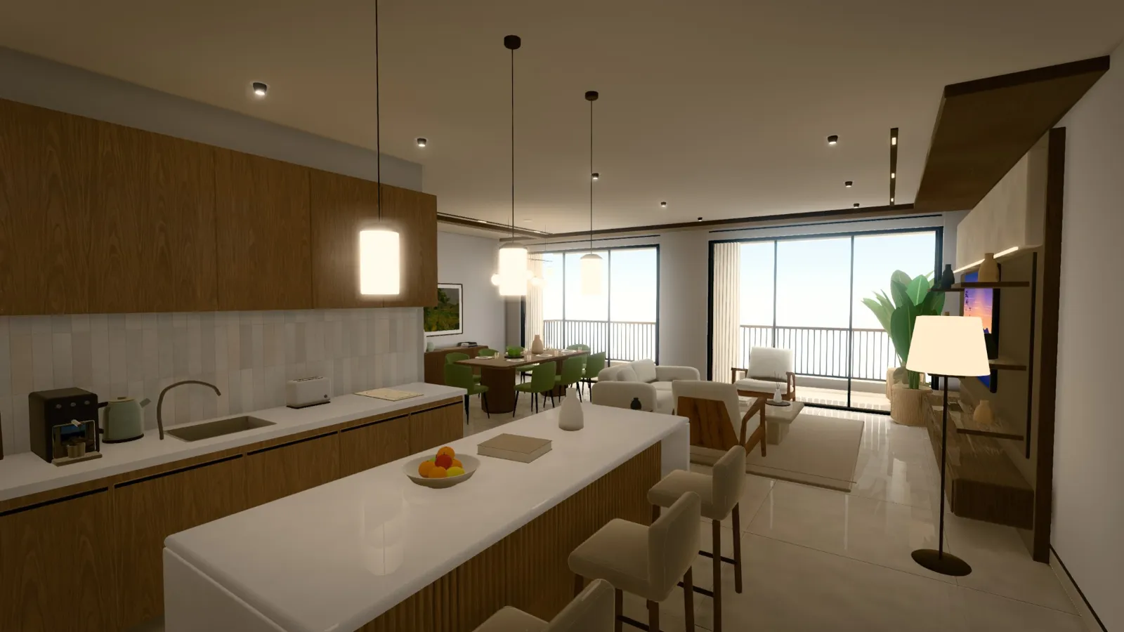Open kitchen looking through to the living area