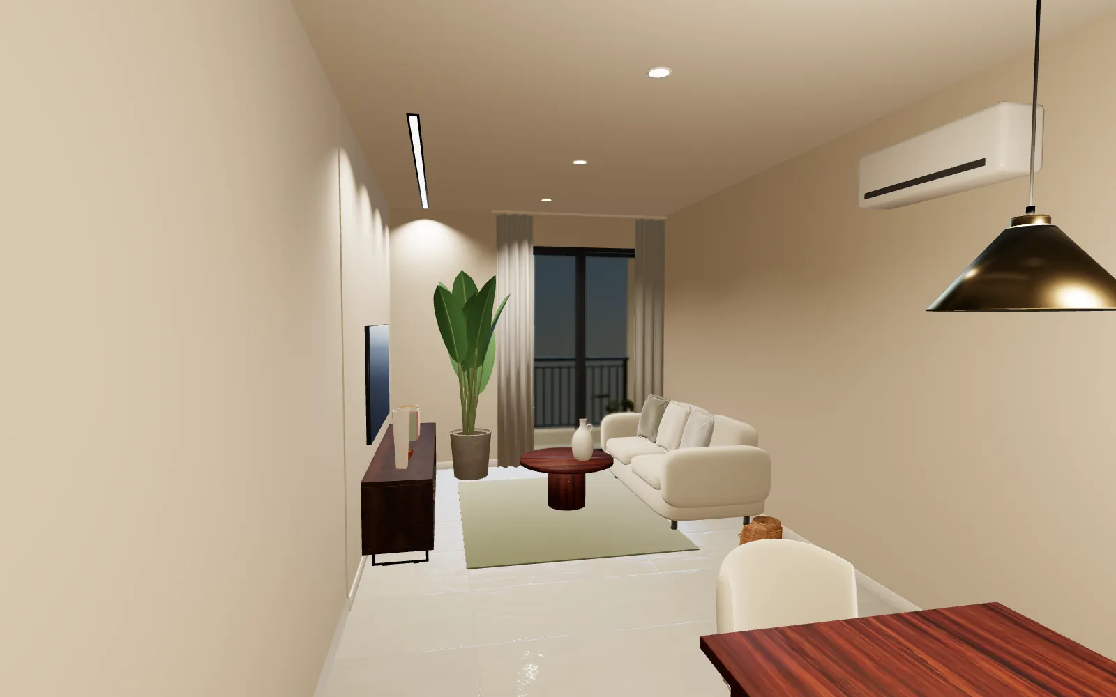 Living room in the evening with the lights on