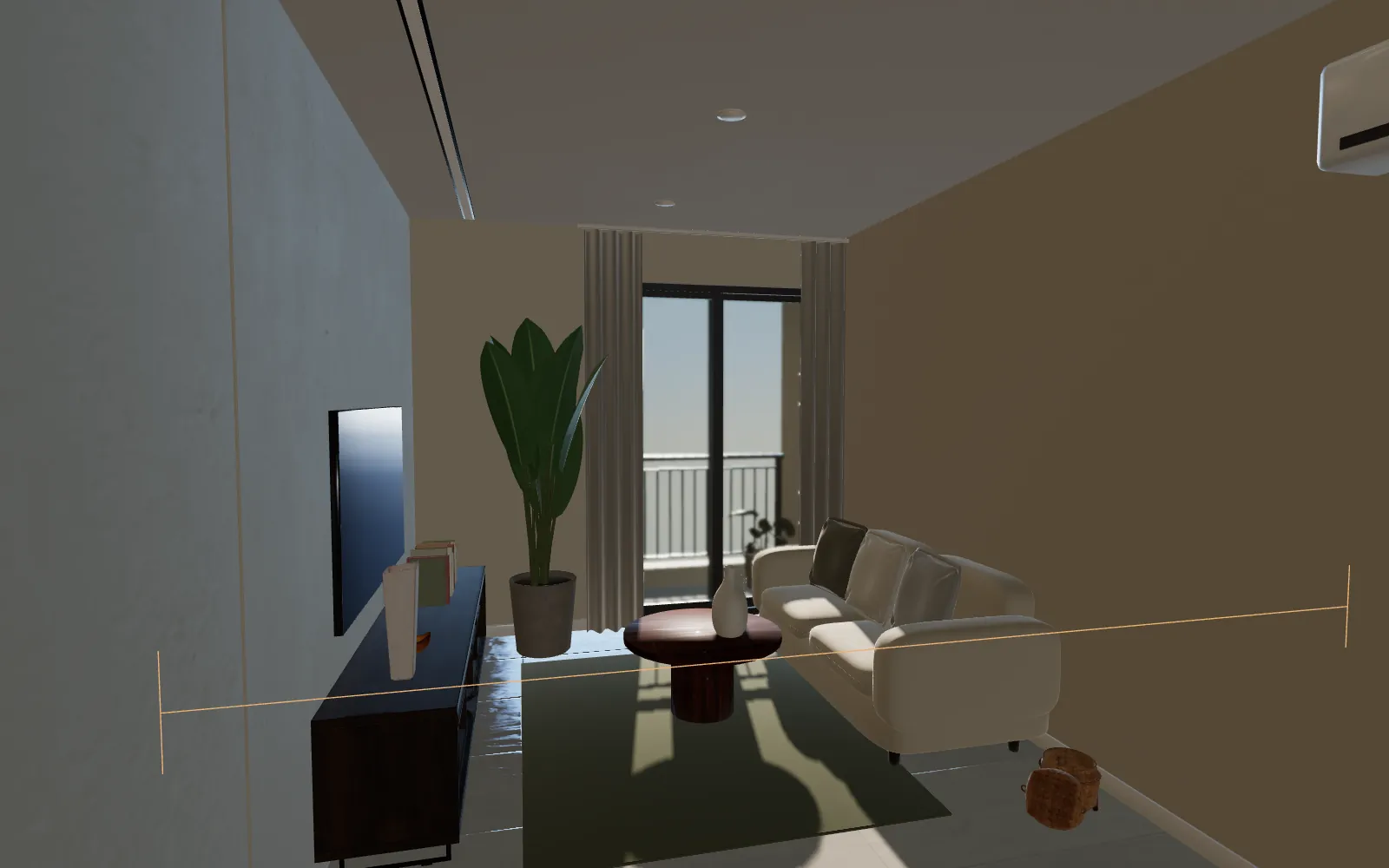 Living room with its wall-to-wall width measured