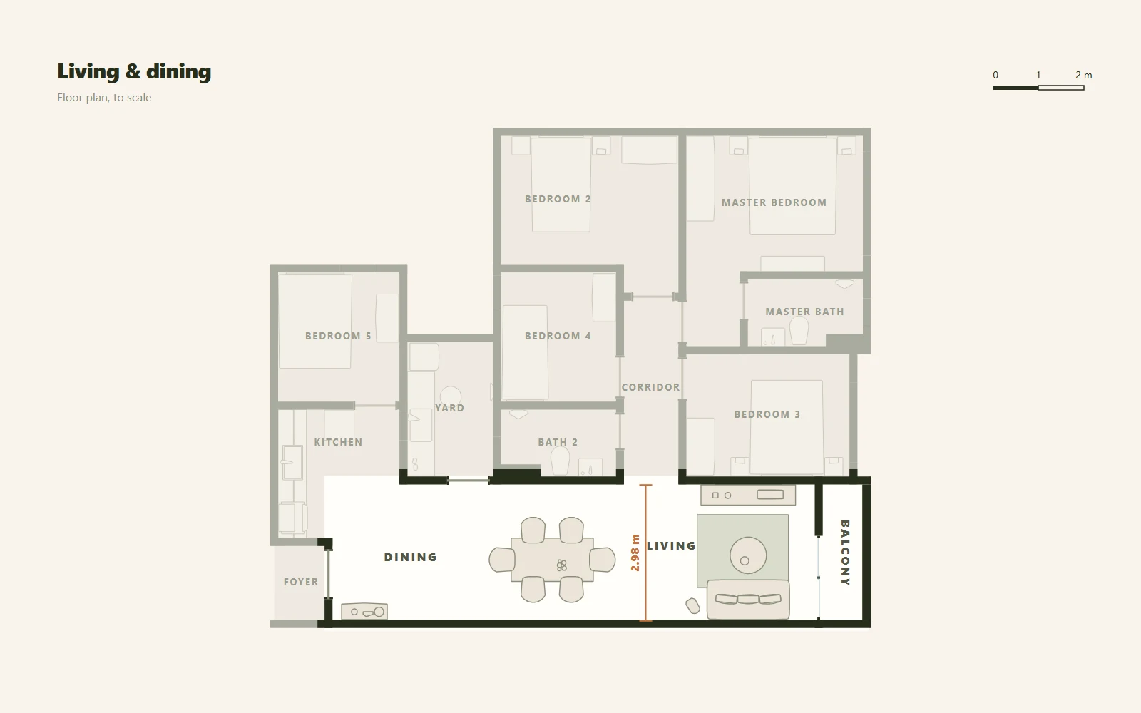 Floor plan of the home, with the living and dining room highlighted, to scale