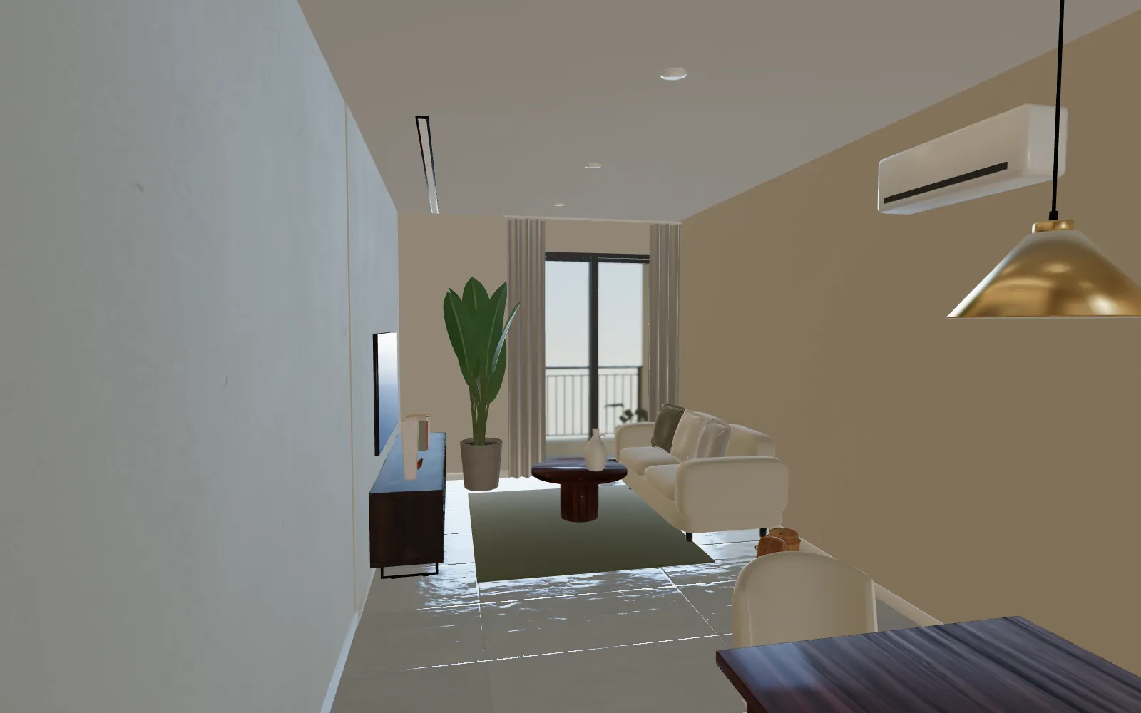 The same room with furniture and finishes